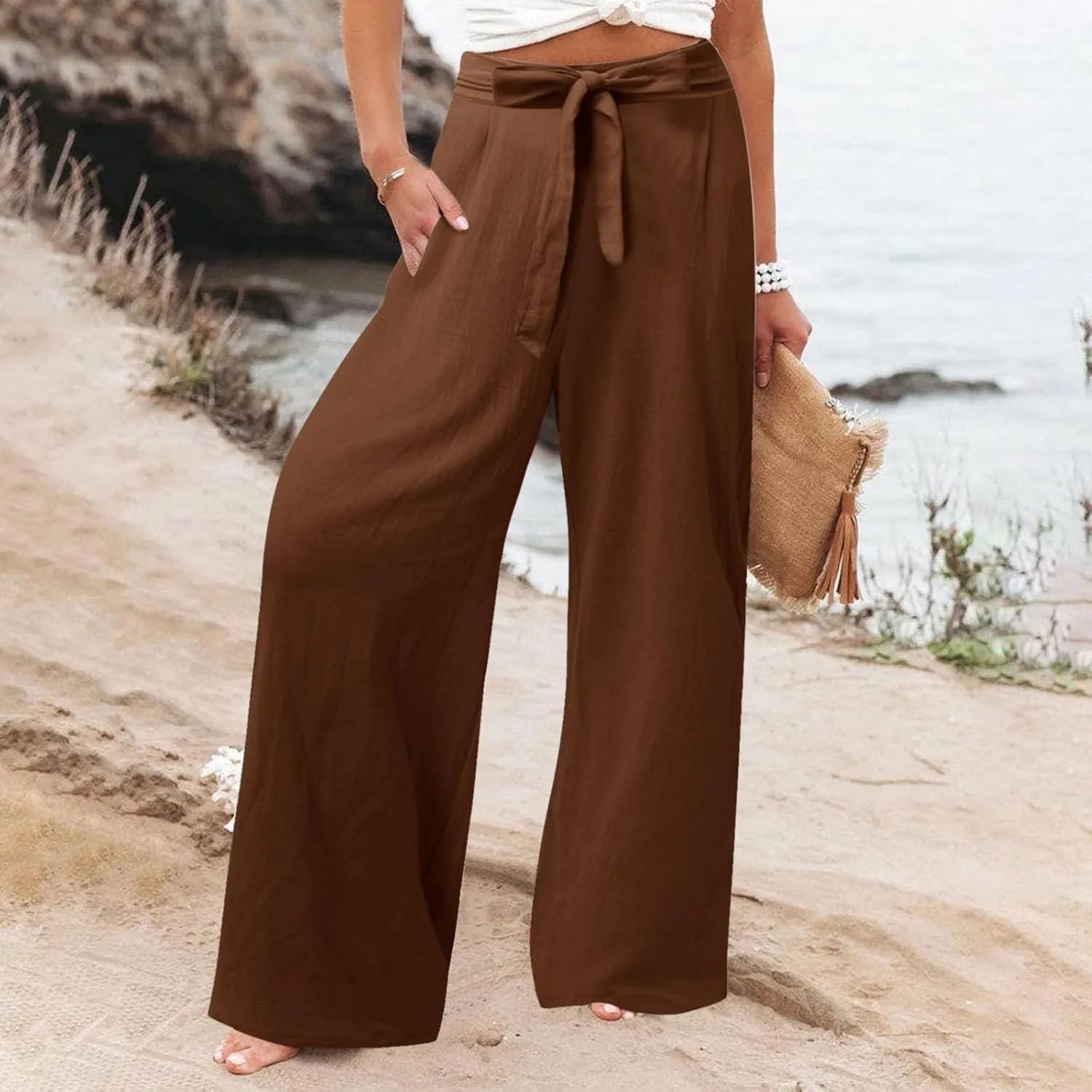 Womens Linen Summer Drawstring Pant Trousers Elastic Waisted Wide Leg Loose Fit Pants Beach