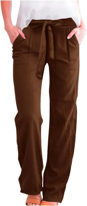 Womens Linen Summer Drawstring Pant Trousers Elastic Waisted Wide Leg Loose Fit Pants Beach