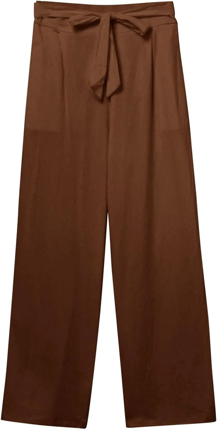 Womens Linen Summer Drawstring Pant Trousers Elastic Waisted Wide Leg Loose Fit Pants Beach