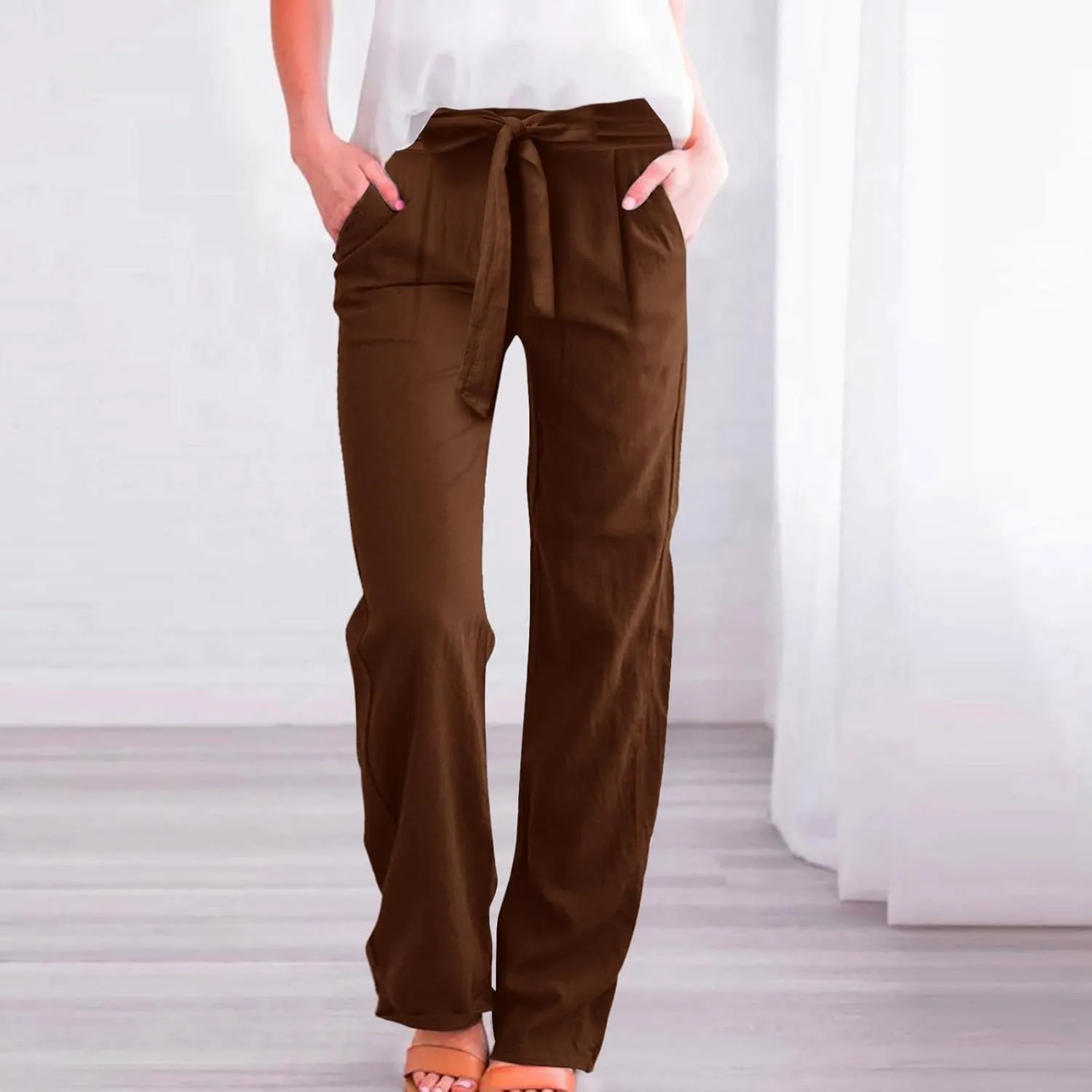 Womens Linen Summer Drawstring Pant Trousers Elastic Waisted Wide Leg Loose Fit Pants Beach