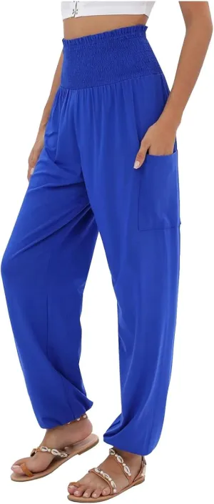 Women's Linen Summer Fashion Pant Trousers Low Waist Wide Leg Slim-Fit Palazzo Lounge Pants Work Business