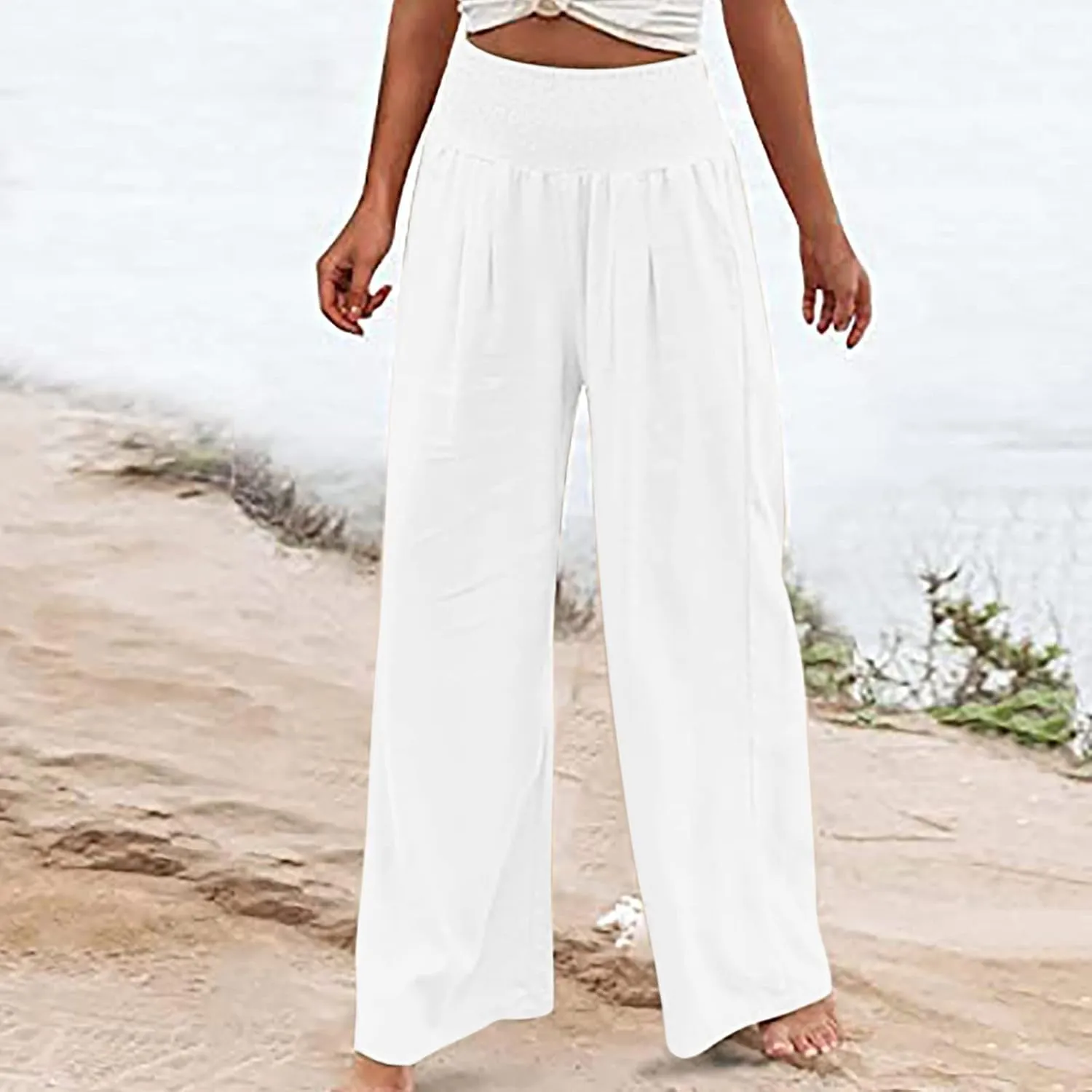 Womens Linen Summer Printed Palazzo Lounge Pants Elastic Waisted Straight Plus Size Palazzo Pants Vacation