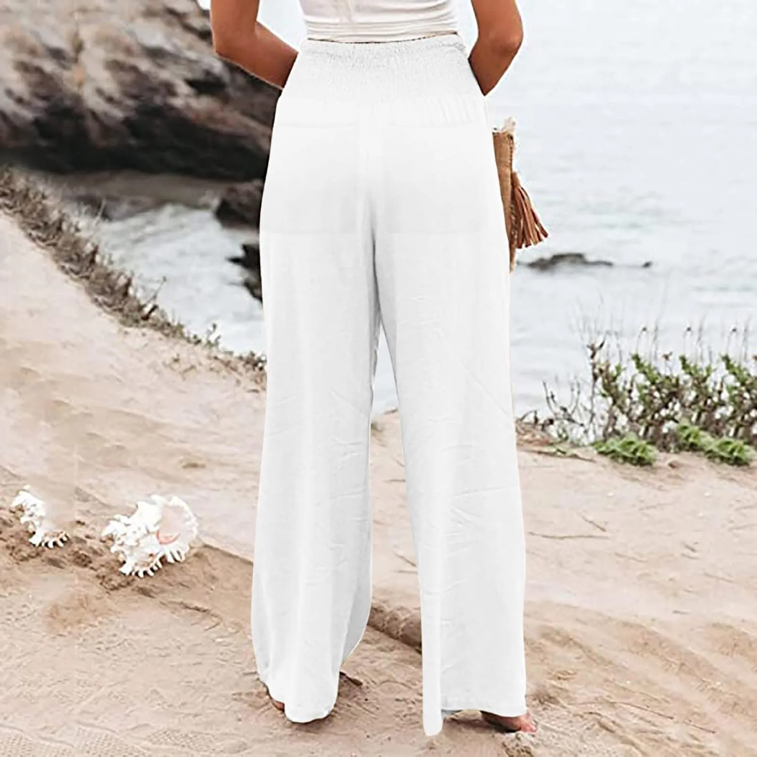 Womens Linen Summer Printed Palazzo Lounge Pants Elastic Waisted Straight Plus Size Palazzo Pants Vacation