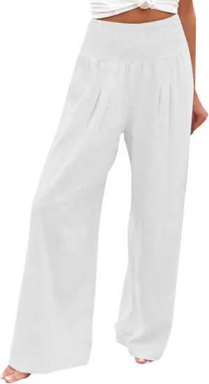 Womens Linen Summer Printed Palazzo Lounge Pants Elastic Waisted Straight Plus Size Palazzo Pants Vacation