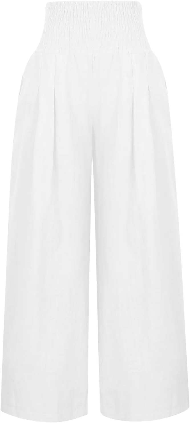 Womens Linen Summer Printed Palazzo Lounge Pants Elastic Waisted Straight Plus Size Palazzo Pants Vacation