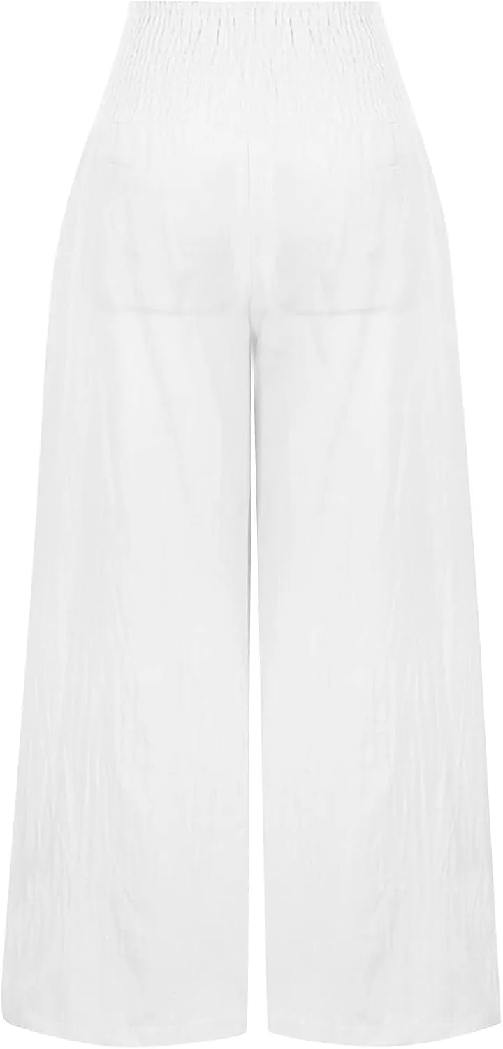 Womens Linen Summer Printed Palazzo Lounge Pants Elastic Waisted Straight Plus Size Palazzo Pants Vacation