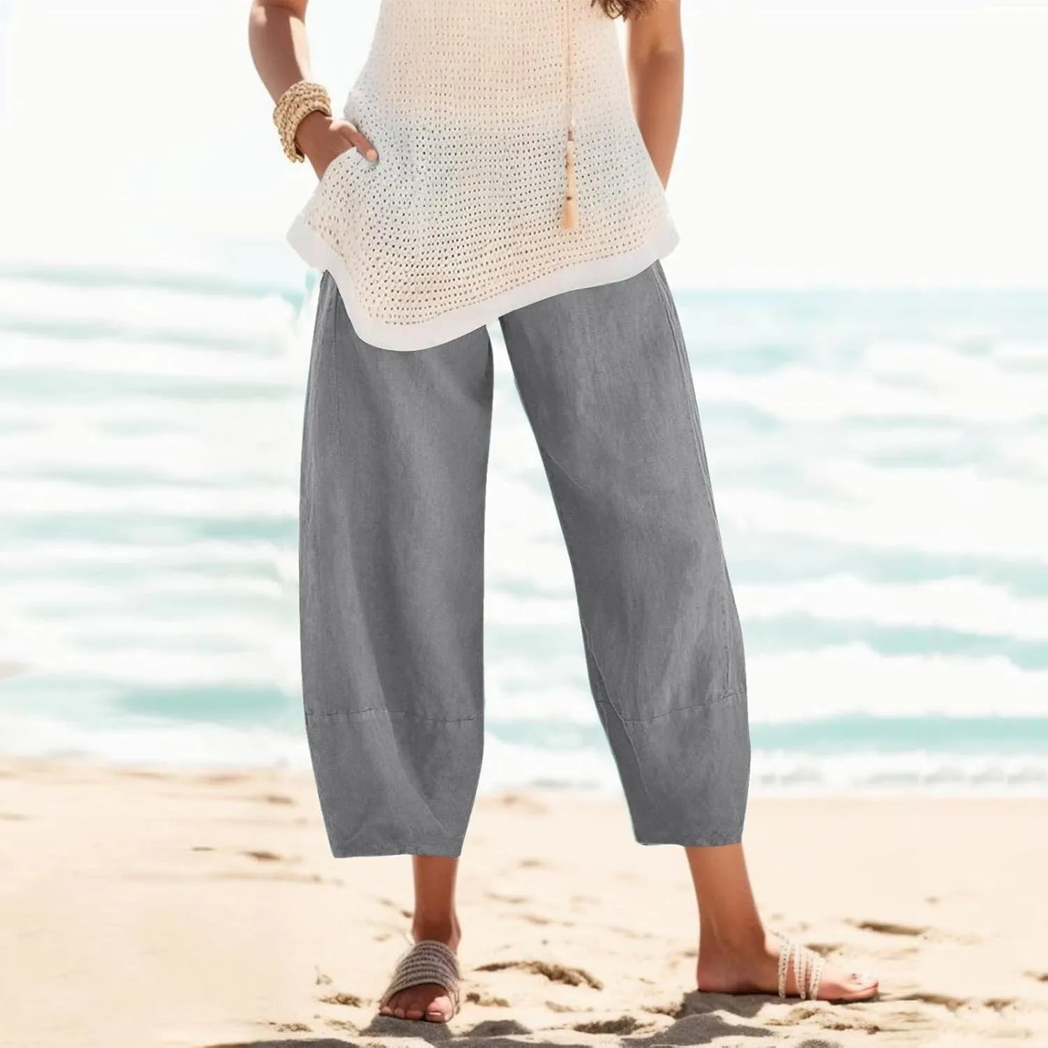 Women's Linen Summer Pull On Pants High Waist Ankle Length Loose Fit Palazzo Lounge Pants Beach