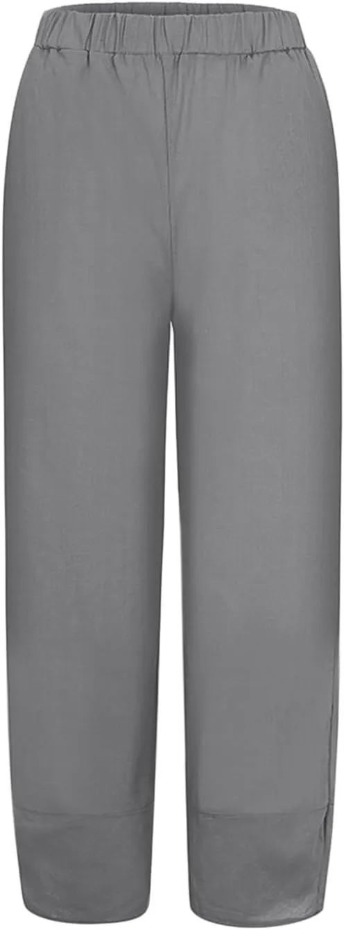 Women's Linen Summer Pull On Pants High Waist Ankle Length Loose Fit Palazzo Lounge Pants Beach