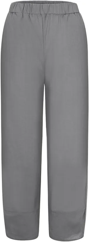 Women's Linen Summer Pull On Pants High Waist Ankle Length Loose Fit Palazzo Lounge Pants Beach