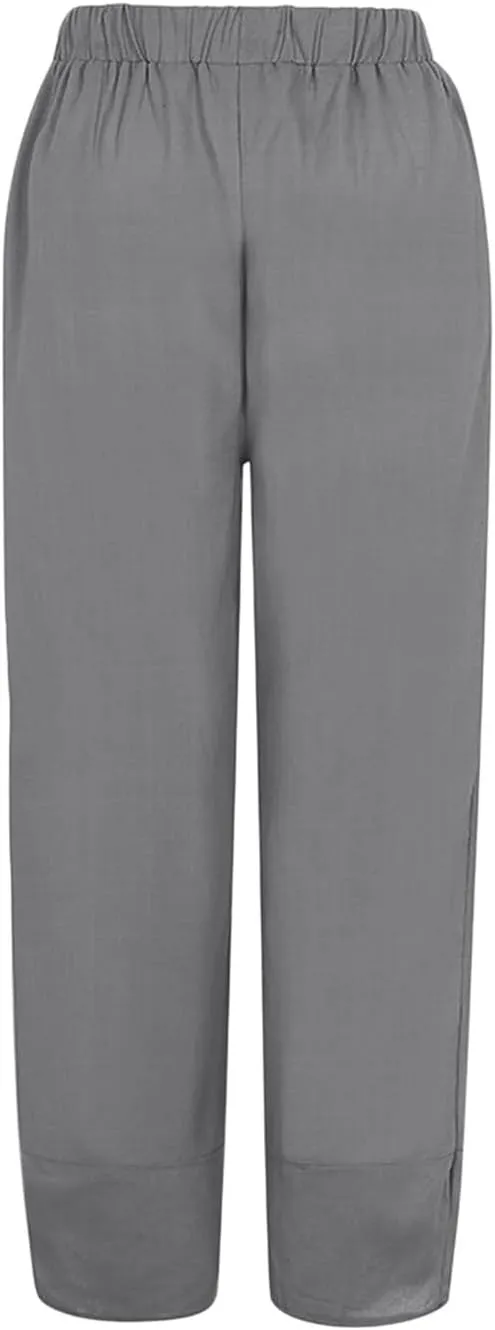Women's Linen Summer Pull On Pants High Waist Ankle Length Loose Fit Palazzo Lounge Pants Beach