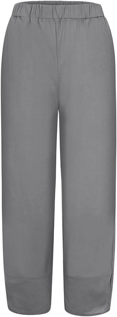 Women's Linen Summer Pull On Pants High Waist Ankle Length Loose Fit Palazzo Lounge Pants Beach