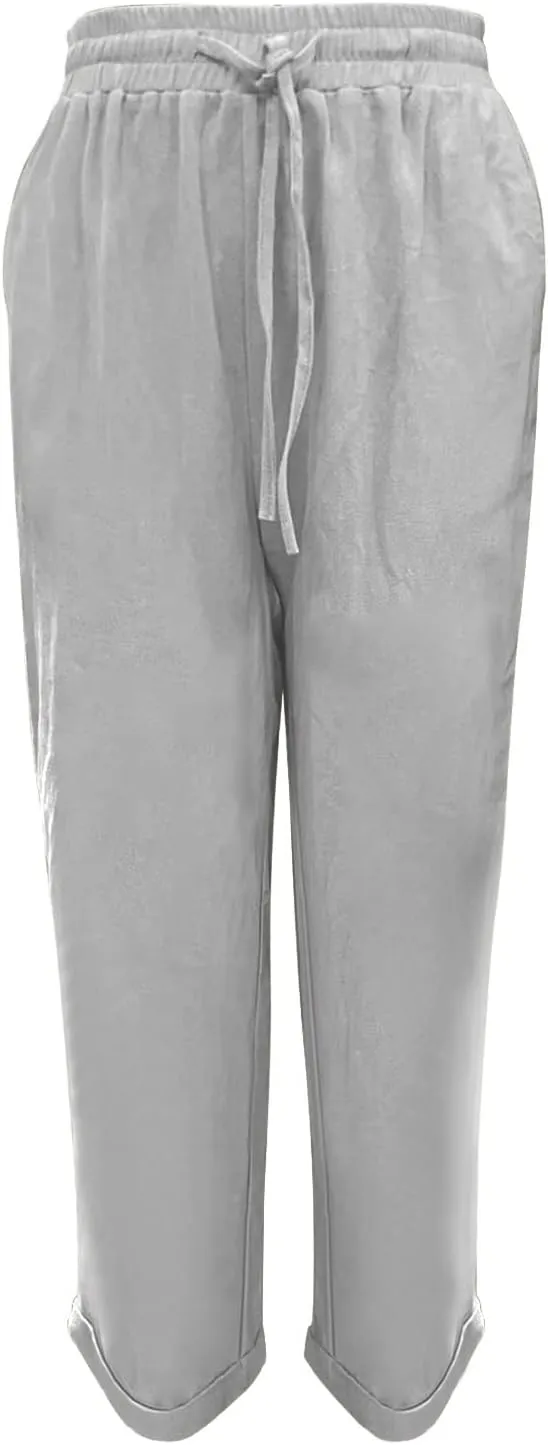 Women's Linen Summer Striped Palazzo Lounge Pants Elastic Waist Wide Leg Loose Fit Pant Trousers Office