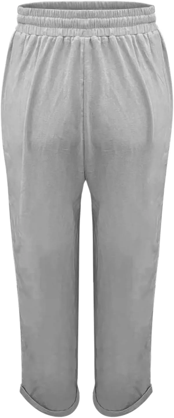 Women's Linen Summer Striped Palazzo Lounge Pants Elastic Waist Wide Leg Loose Fit Pant Trousers Office