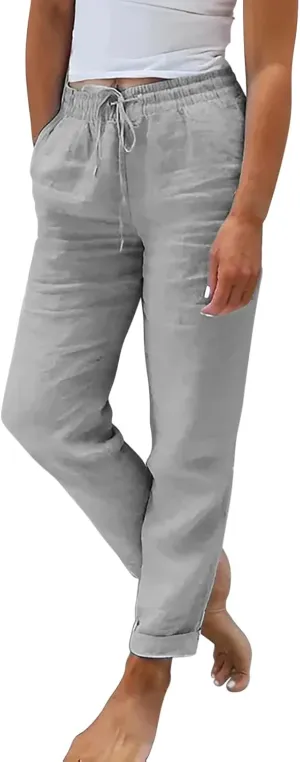 Women's Linen Summer Striped Palazzo Lounge Pants Elastic Waist Wide Leg Loose Fit Pant Trousers Office