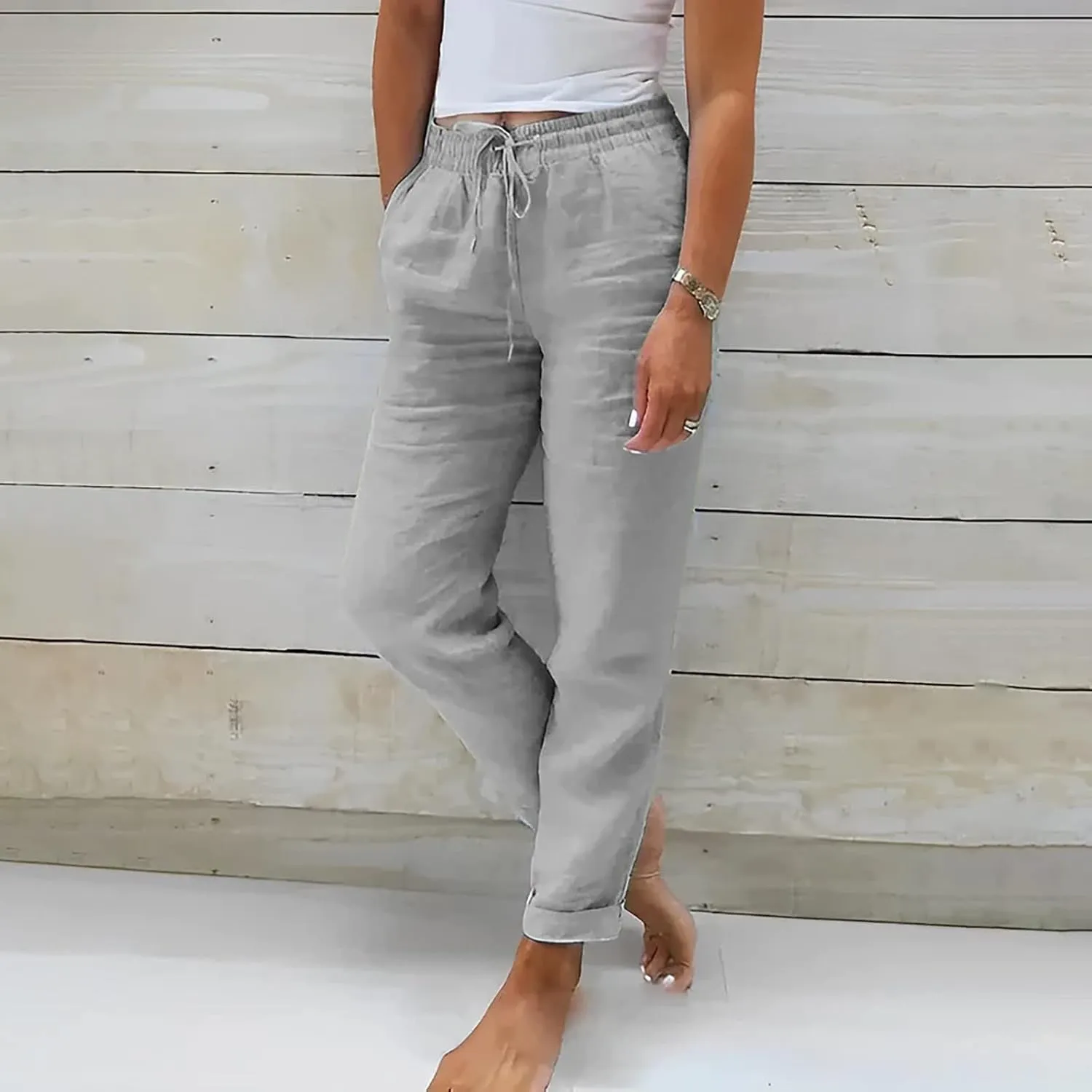 Women's Linen Summer Striped Palazzo Lounge Pants Elastic Waist Wide Leg Loose Fit Pant Trousers Office