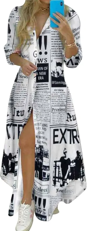 Women's Long Sleeve Ankle Length Dress Daily Casual Printed Dresses Button Down Lightweight Maxi Dress