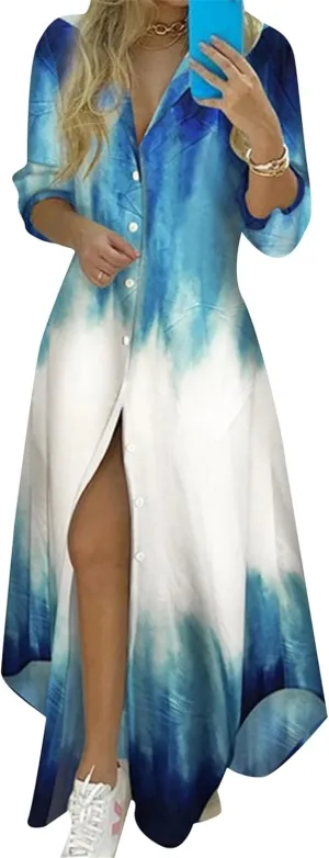 Women's Long Sleeve Ankle Length Dress Daily Casual Printed Dresses Button Down Lightweight Maxi Dress