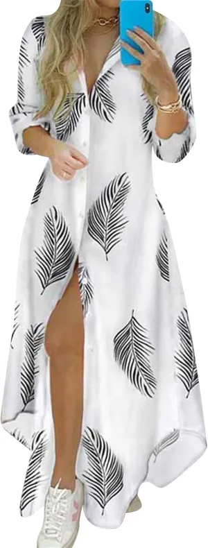 Women's Long Sleeve Ankle Length Dress Daily Casual Printed Dresses Button Down Lightweight Maxi Dress