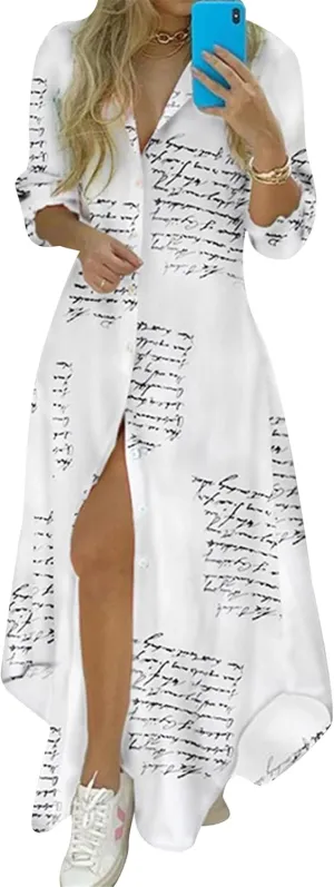 Women's Long Sleeve Ankle Length Dress Daily Casual Printed Dresses Button Down Lightweight Maxi Dress