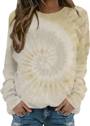 Womens Long Sleeve Crewneck Sweatshirt Trendy 2024 Tie Dye Print Regular Fit Pullover Tops Fall Fashion Sweatshirts