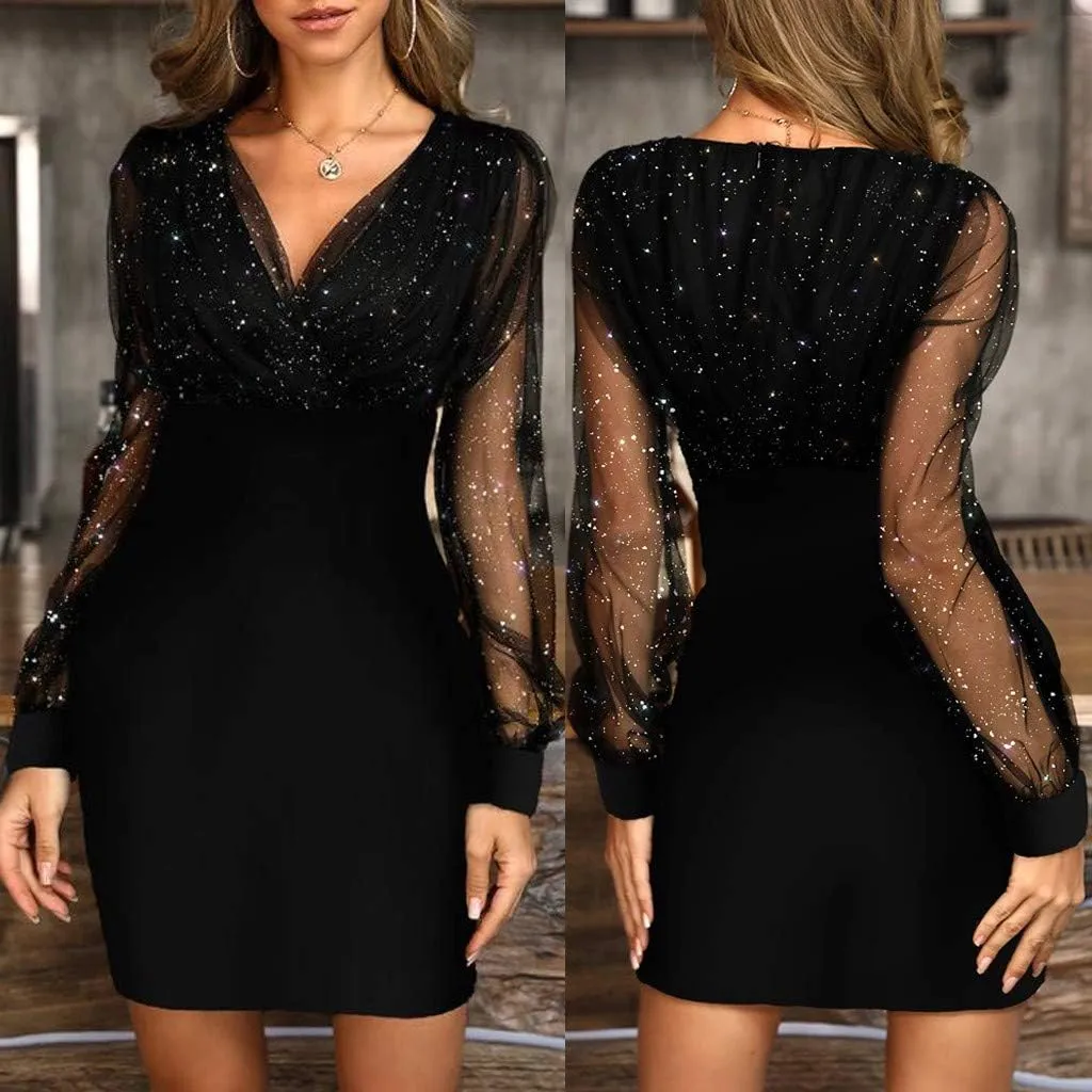 Women's Long Sleeve V-Neck Lace Printed Cocktail Prom Dresses