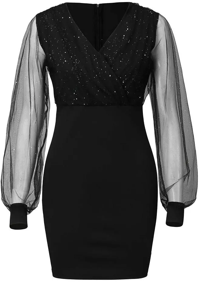 Women's Long Sleeve V-Neck Lace Printed Cocktail Prom Dresses