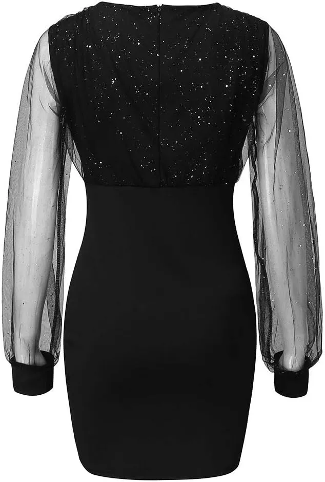 Women's Long Sleeve V-Neck Lace Printed Cocktail Prom Dresses