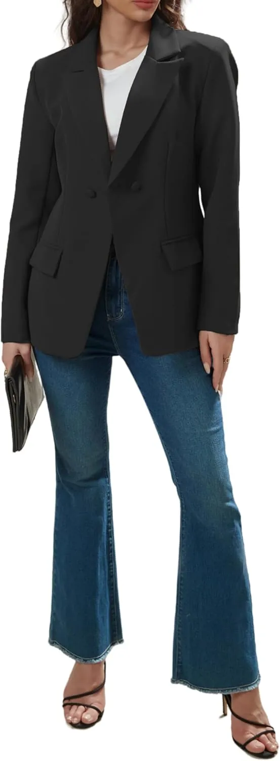 Women's Long Slleve Notch Lapel Work Suit Blazers Open Front Causal Jacket Outwear with Pockets