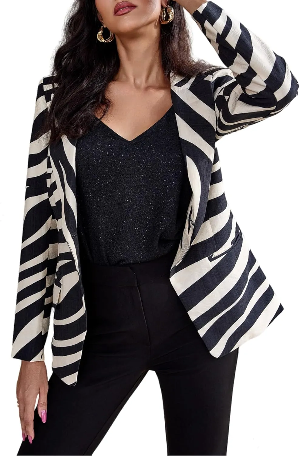 Women's Long Slleve Notch Lapel Work Suit Blazers Open Front Causal Jacket Outwear with Pockets