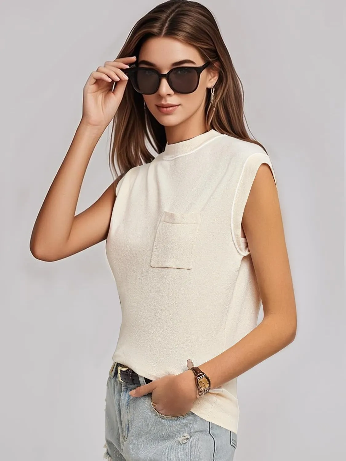Women's Mock Neck Sleeveless Sweater Vest Casual Cap Sleeve Knit Pullover Tank Tops 2025 Summer Outfits