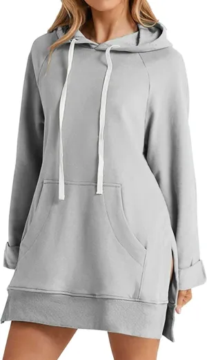 Women's Oversized Casual Pullover Long Sleeve Split Hem Drawstring Hoodies Dress, Long Hoodies for Women with Pocket