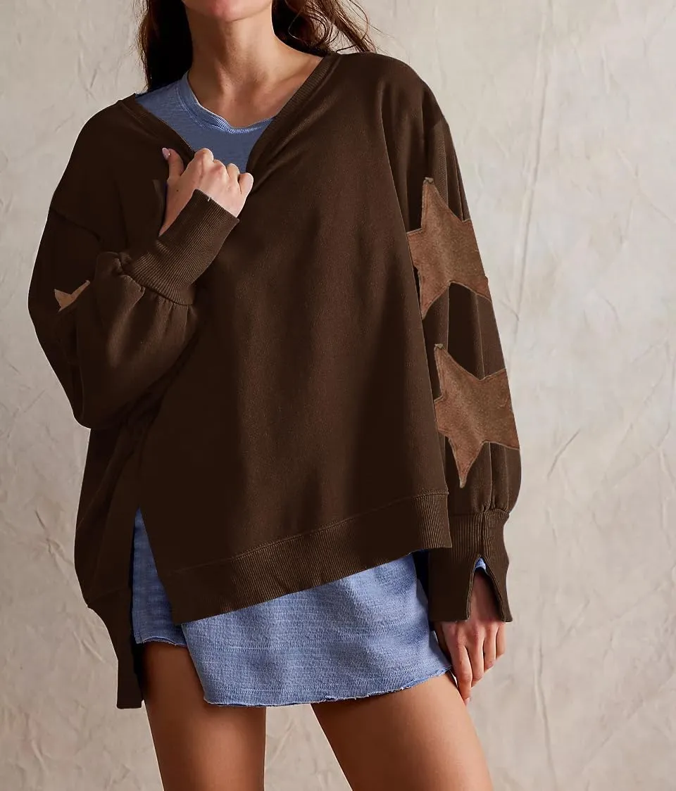 Womens Oversized Crewneck Sweatshirt Y2k Striped Star Long Sleeve Side Slit Pullover Sweatshirt Teen Girl Aesthetic