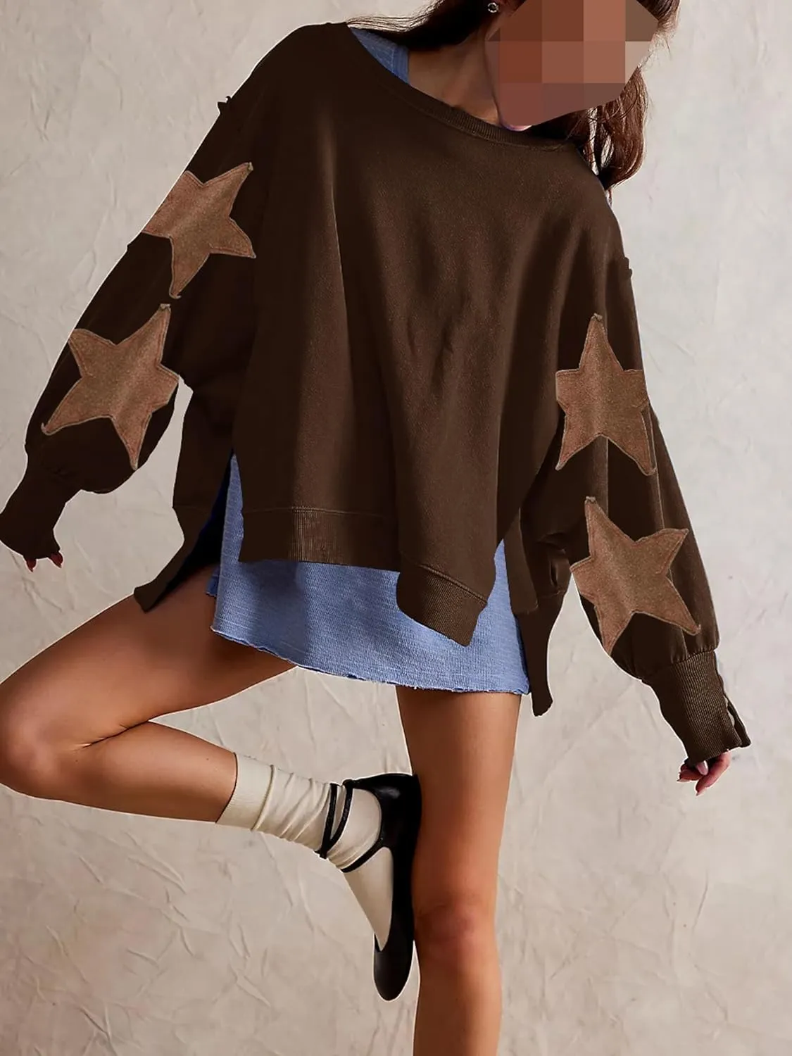 Womens Oversized Crewneck Sweatshirt Y2k Striped Star Long Sleeve Side Slit Pullover Sweatshirt Teen Girl Aesthetic
