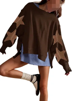 Womens Oversized Crewneck Sweatshirt Y2k Striped Star Long Sleeve Side Slit Pullover Sweatshirt Teen Girl Aesthetic