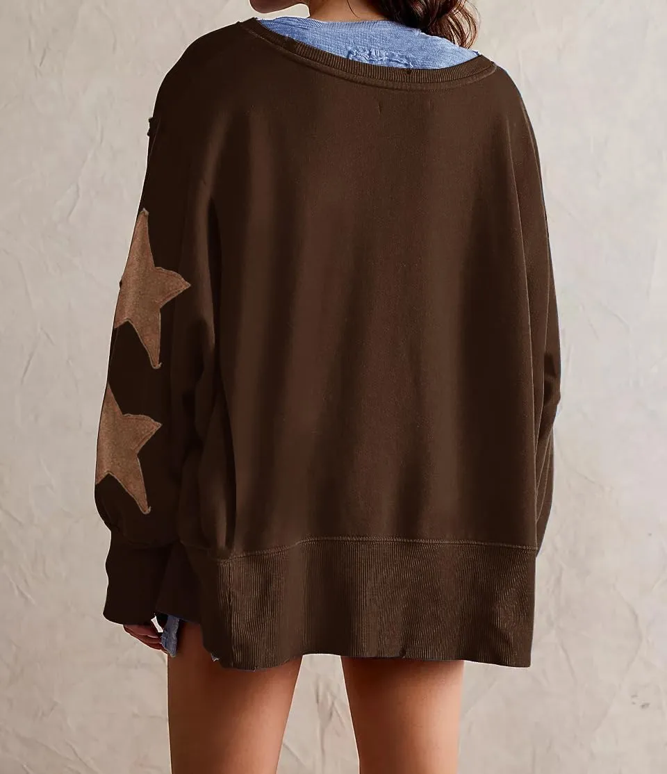 Womens Oversized Crewneck Sweatshirt Y2k Striped Star Long Sleeve Side Slit Pullover Sweatshirt Teen Girl Aesthetic
