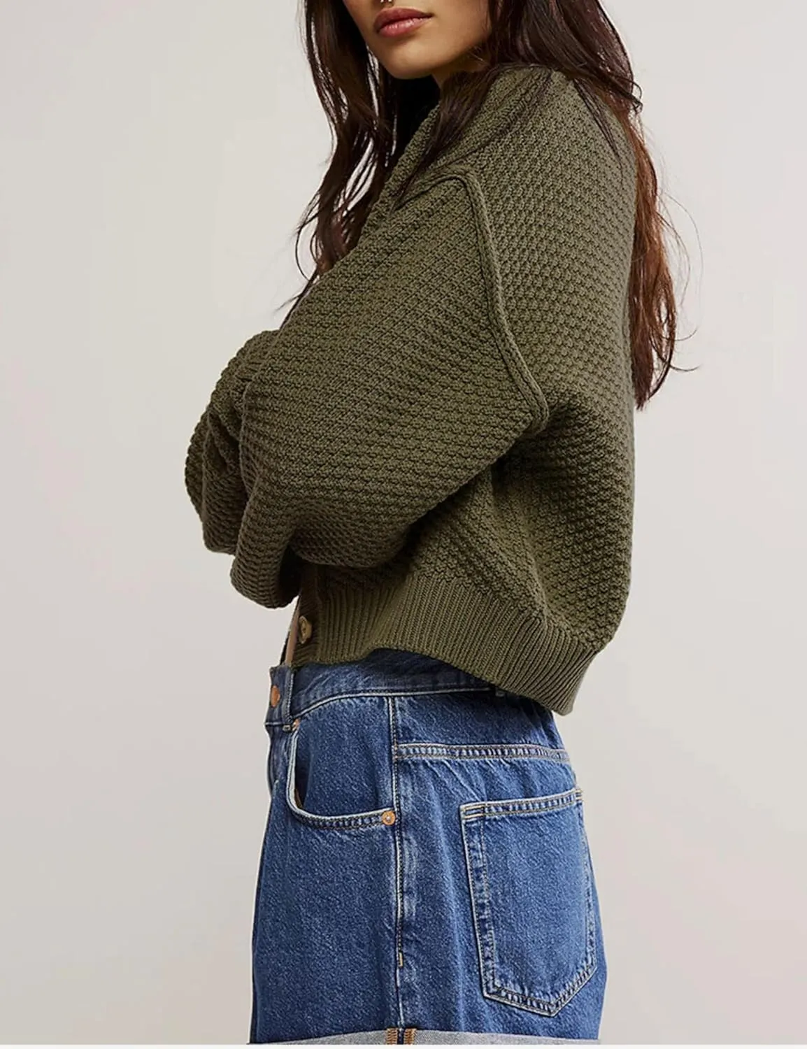 Women's Oversized Cropped Cardigan Sweater Open Front Long Sleeve Button Down Knit Outwear