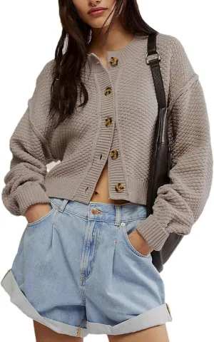 Women's Oversized Cropped Cardigan Sweater Open Front Long Sleeve Button Down Knit Outwear
