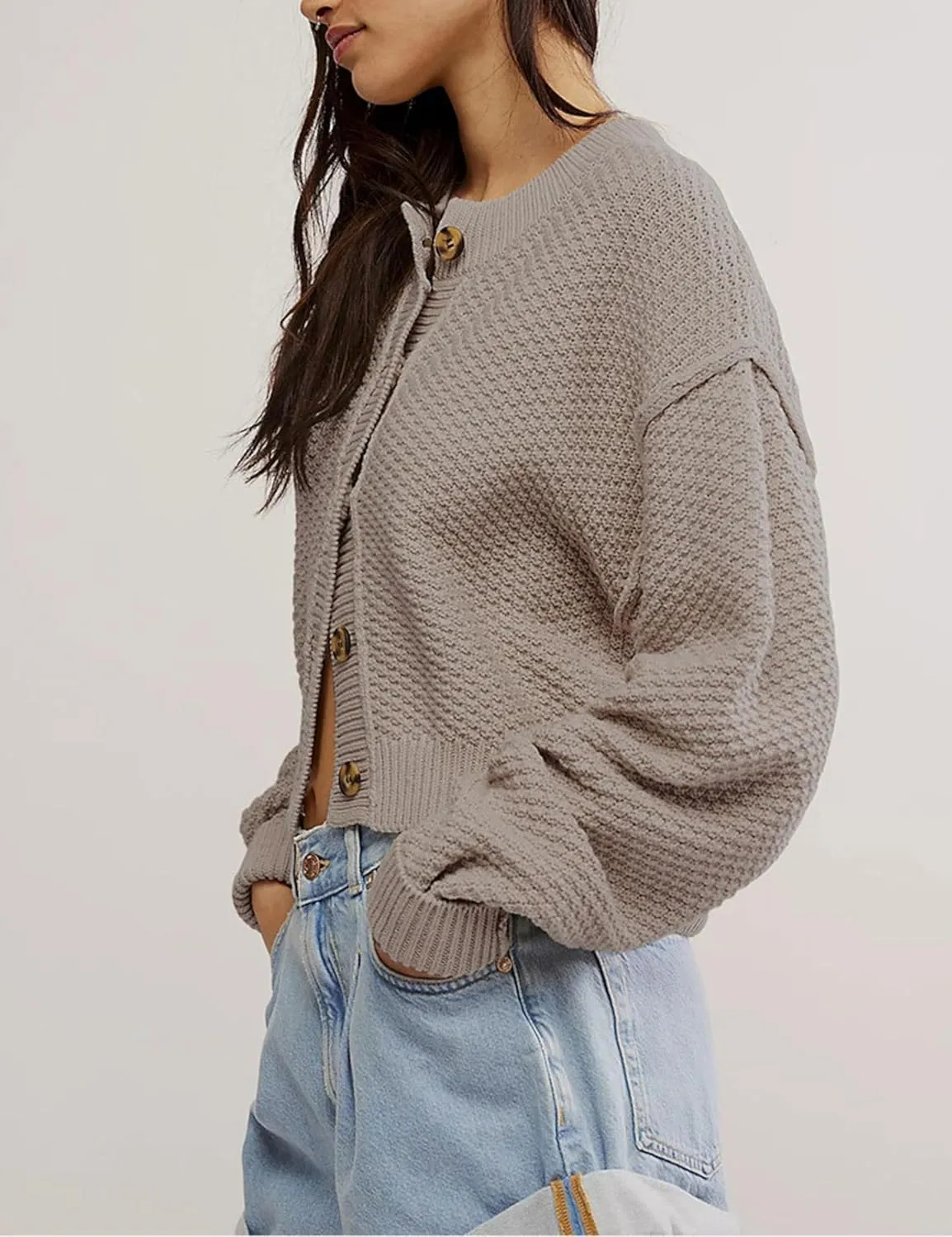 Women's Oversized Cropped Cardigan Sweater Open Front Long Sleeve Button Down Knit Outwear