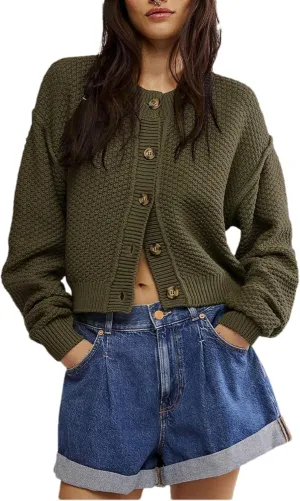 Women's Oversized Cropped Cardigan Sweater Open Front Long Sleeve Button Down Knit Outwear