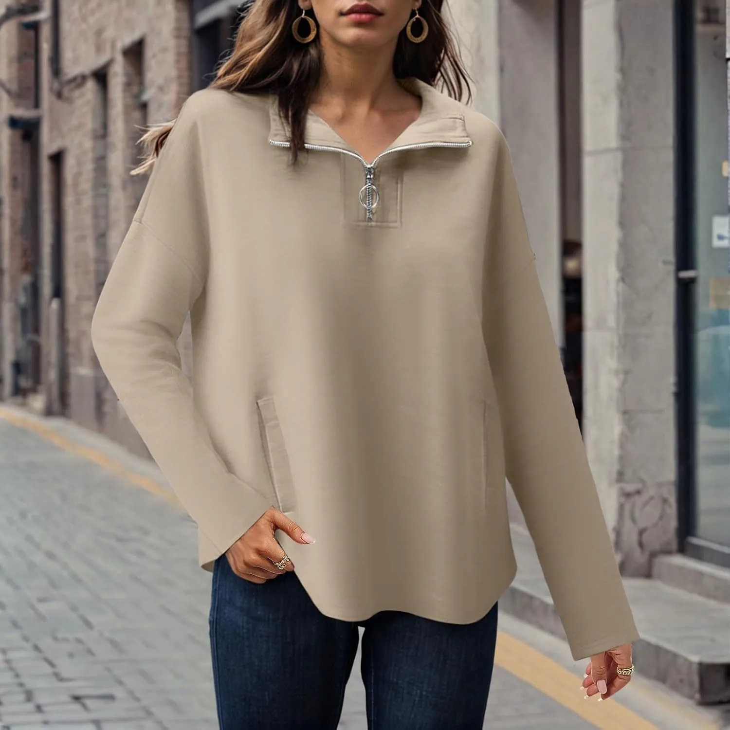 Women's Oversized Hoodies Casual Long Sleeve Half Zipper Pocket Sweatshirt Pullover Tops