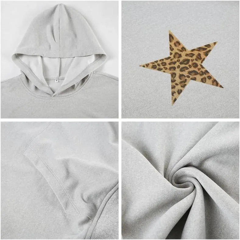 Womens Oversized Leopard Star Graphic Hoodies Long Sleeve Hoodie Pullover Hooded Sweatshirt Aesthetic Hoodie