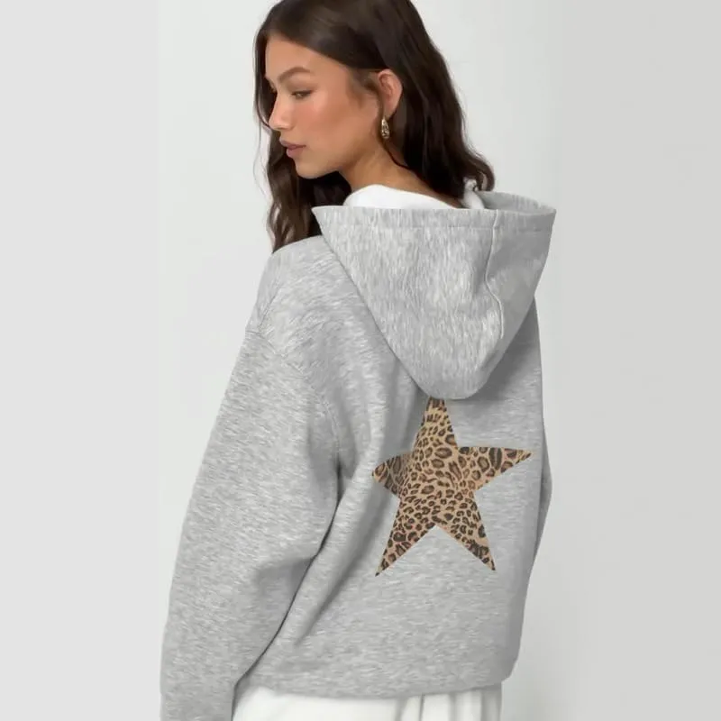 Womens Oversized Leopard Star Graphic Hoodies Long Sleeve Hoodie Pullover Hooded Sweatshirt Aesthetic Hoodie