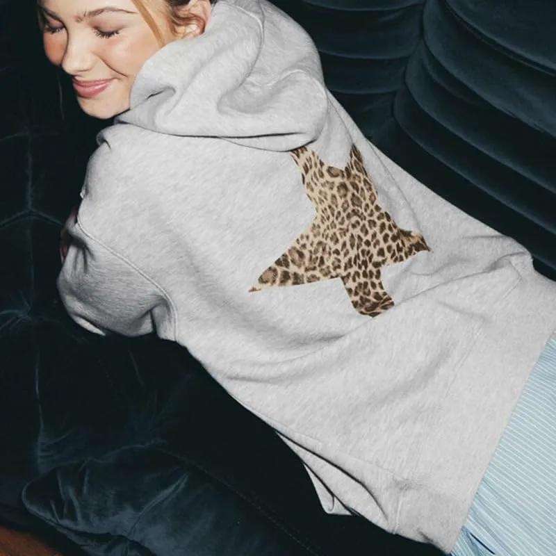 Womens Oversized Leopard Star Graphic Hoodies Long Sleeve Hoodie Pullover Hooded Sweatshirt Aesthetic Hoodie