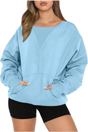 Womens Oversized Long Sleeves Casual Shirts Solid Crewneck Pokets Sweatshirt Pullover Loose Tunic Tops Y2K Clothes