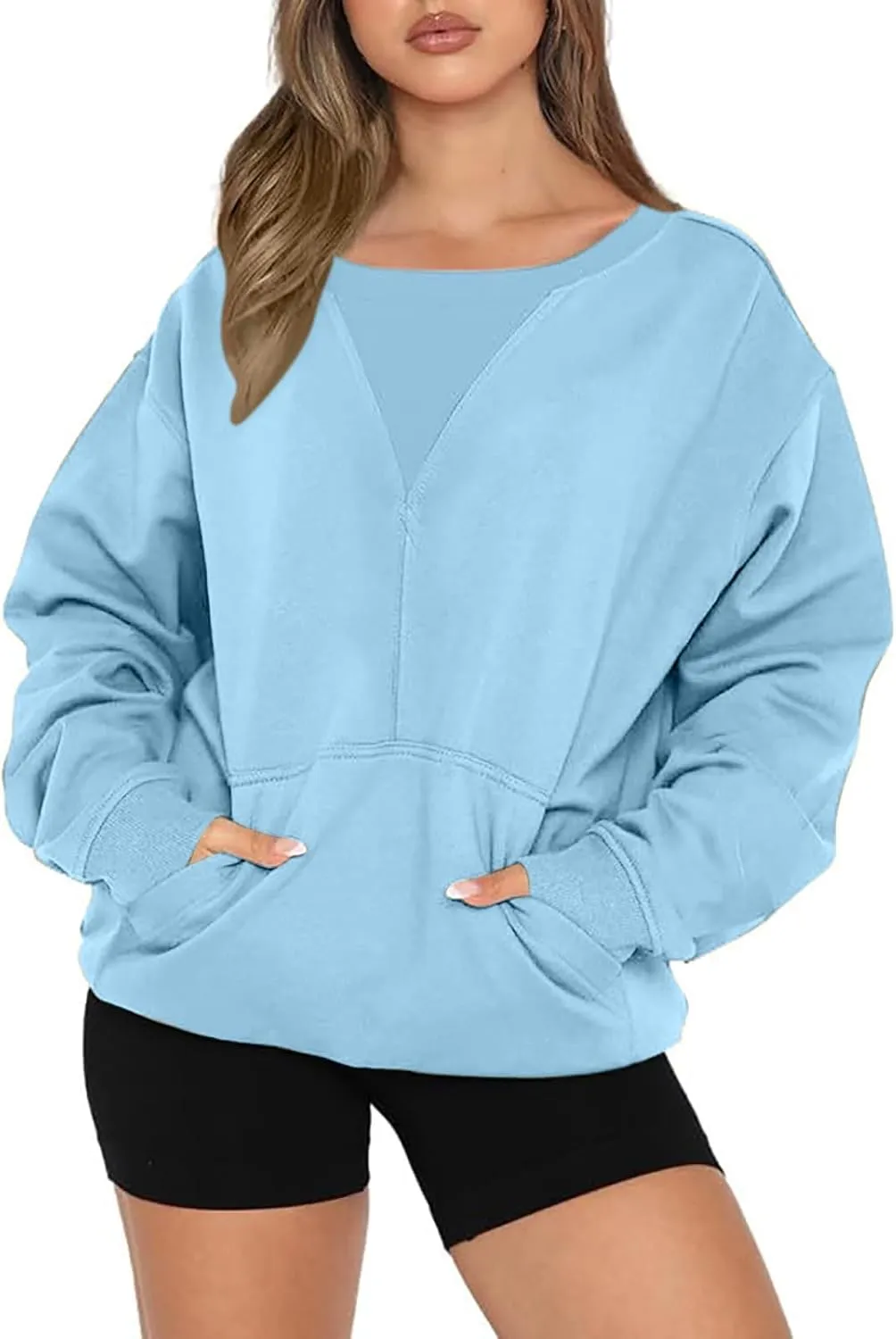 Womens Oversized Long Sleeves Casual Shirts Solid Crewneck Pokets Sweatshirt Pullover Loose Tunic Tops Y2K Clothes