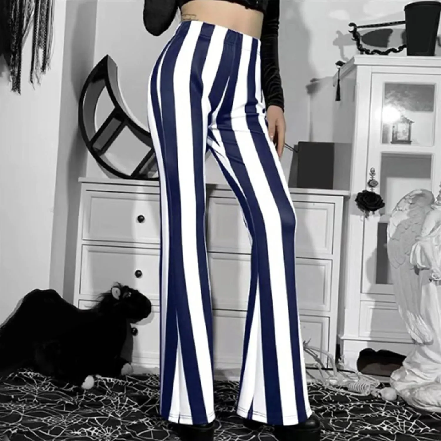 Women's Pants 2024 Fashion High Flare Women Stretch Vertical Bottoms Trousers Long Bell Pants Stripe Waist Plus