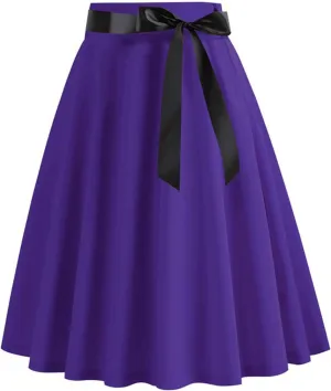 Women's Pleated A Line Skirt Bow Skater Flared Midi Skirt Vinage High Waisted Skirts Solid Color Casual Skirts