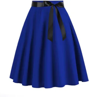 Women's Pleated A Line Skirt Bow Skater Flared Midi Skirt Vinage High Waisted Skirts Solid Color Casual Skirts
