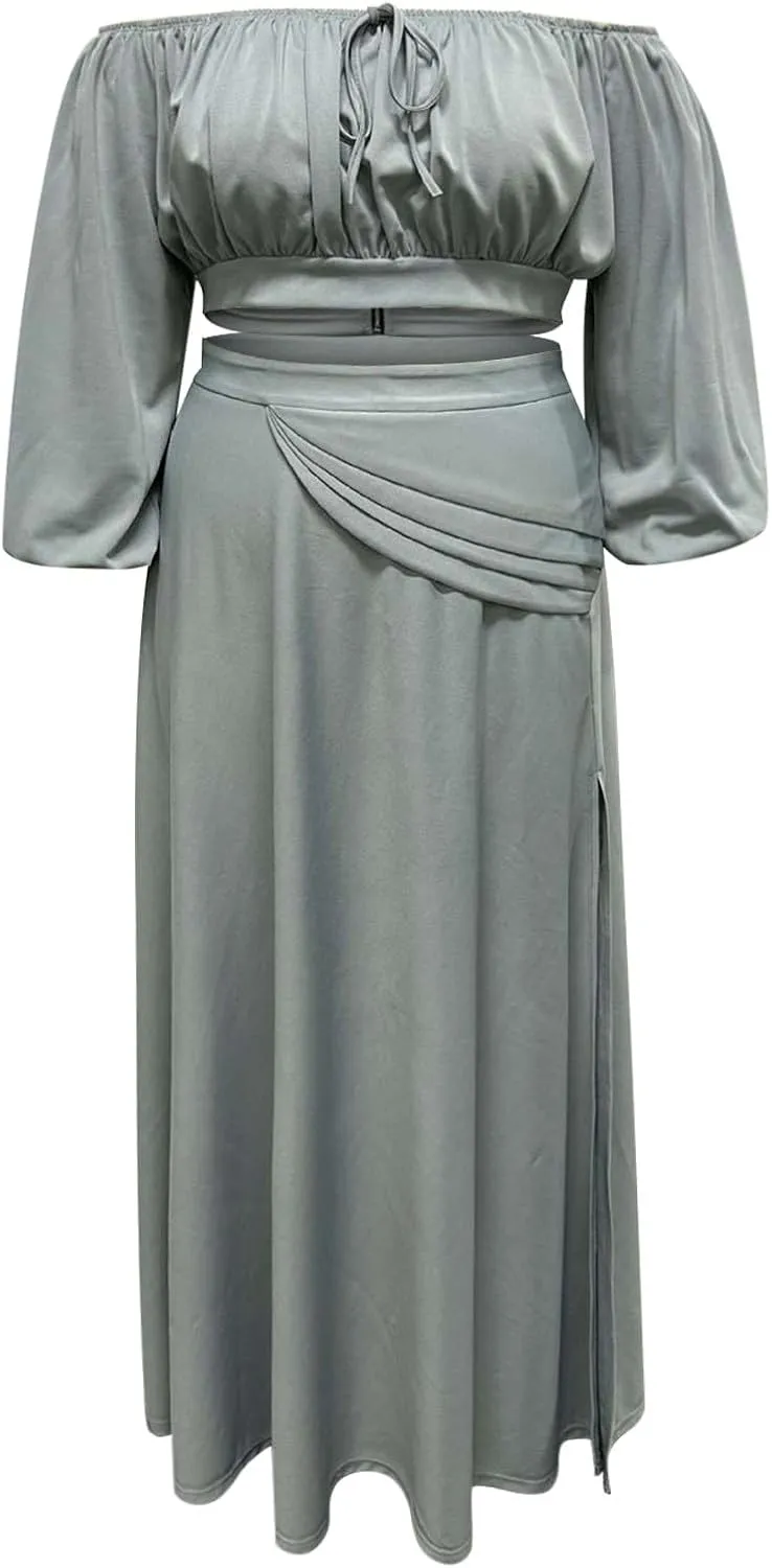 Women's Plus Size Basic Off Shoulder Suit Tube Top Sexy Strapless Side Slit Long Sleeve Two Piece Midi Club Dress