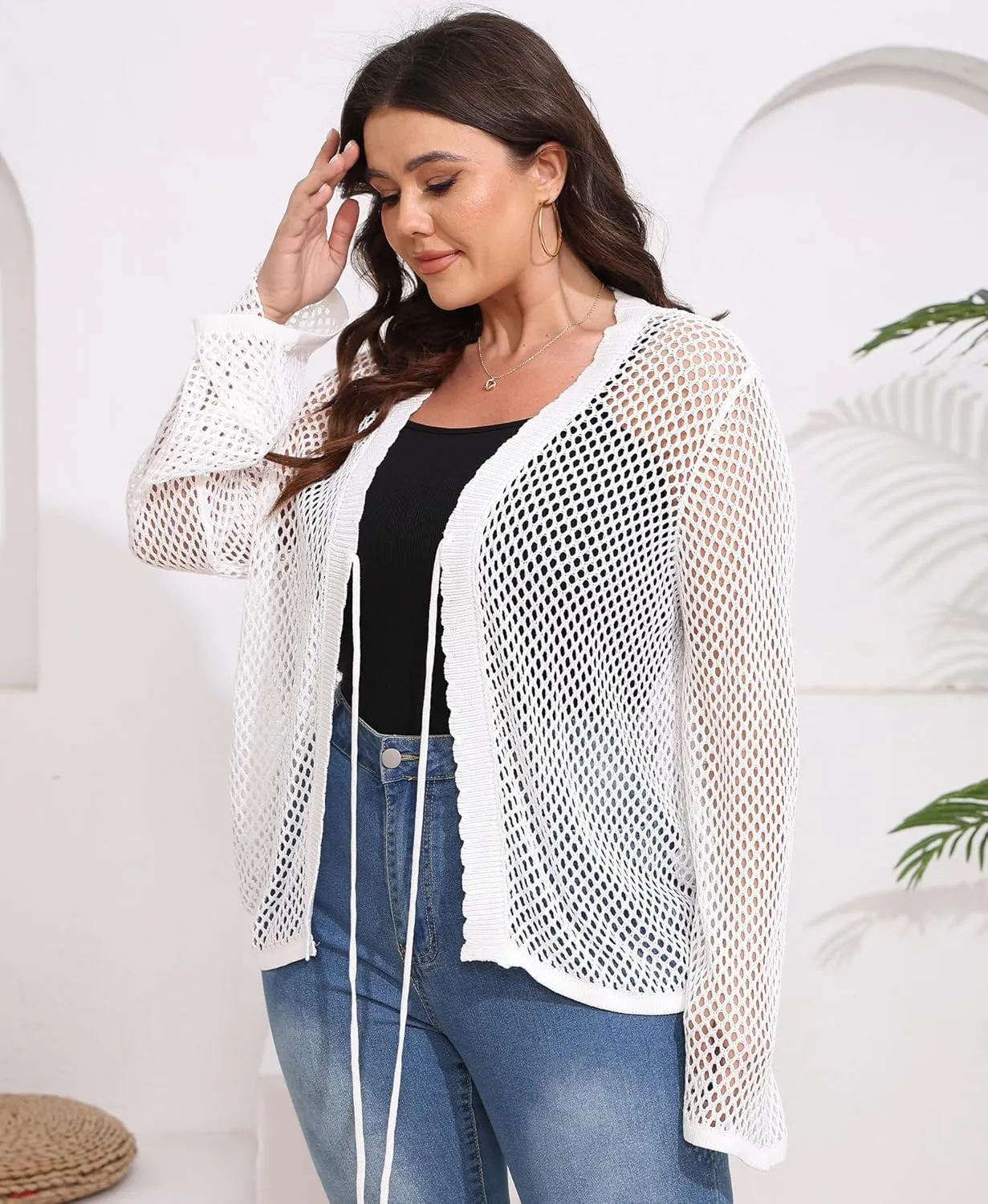 Womens Plus Size Crochet Cardigan Sweater Hollow Out Long Sleeve Open Front Cardigans V Neck Knitted Sweater